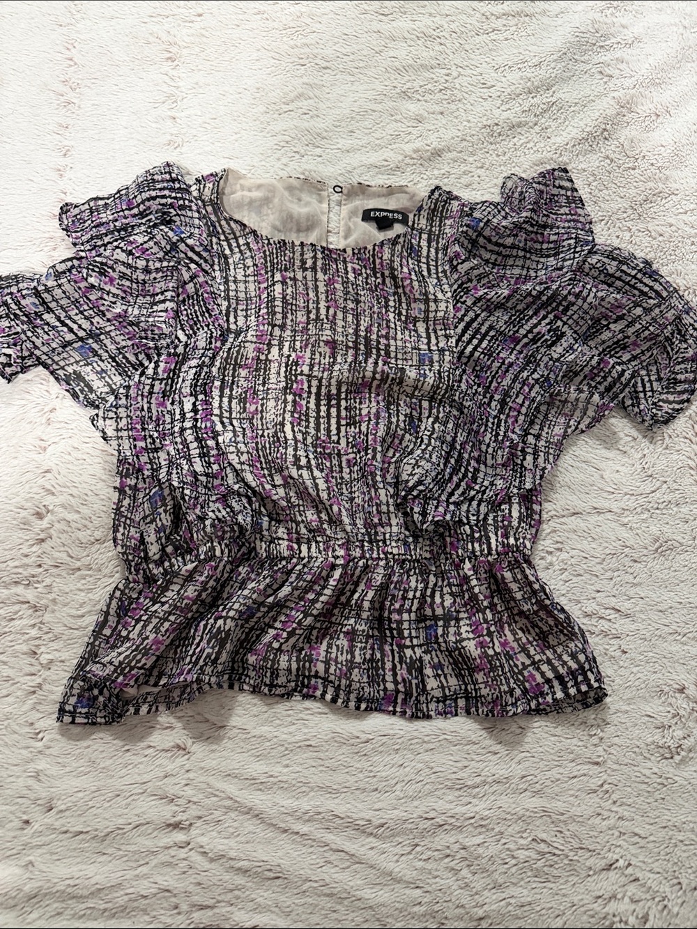 Express Black, White & Purple Patterned Short Sleeve Smocked Blouse